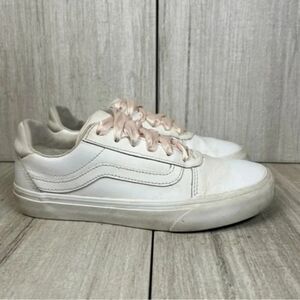 Vans Old Skool White Leather Pink Ribbon Lace Up Sneaker Shoe Womens Size 6.5